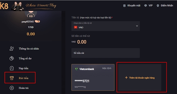 Các bước rút tiền K8bet