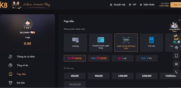 Mách bạn cách nạp tiền  vào K8 thông qua internet banking